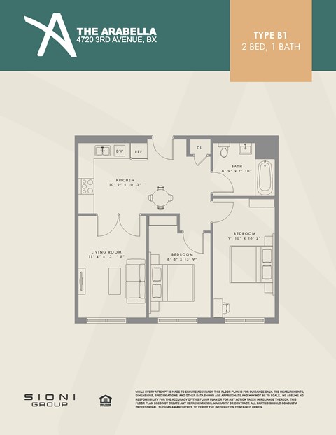 Floor plan for 2 beds, 1 bath, 689 sqft